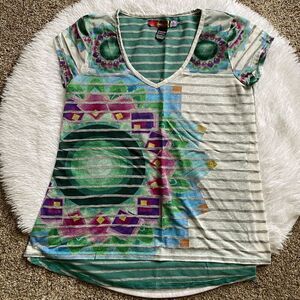 Desigual Top High Low Multicolor Sheer Cutouts Lightweight Womens Size Large